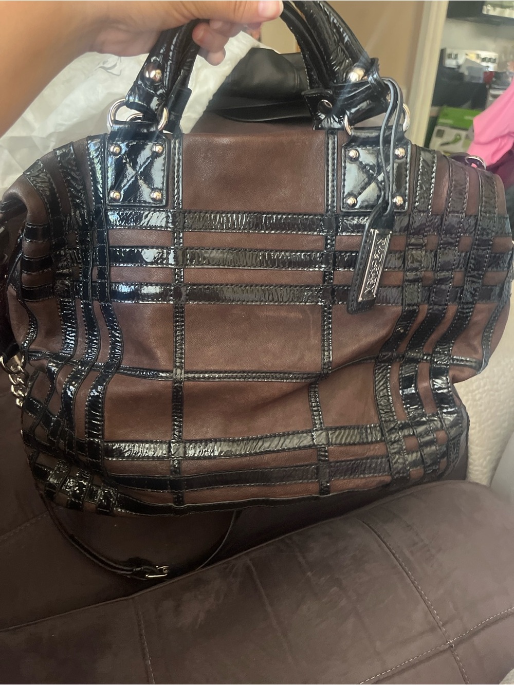 Brown and Black Leather Grid Tote Bag by